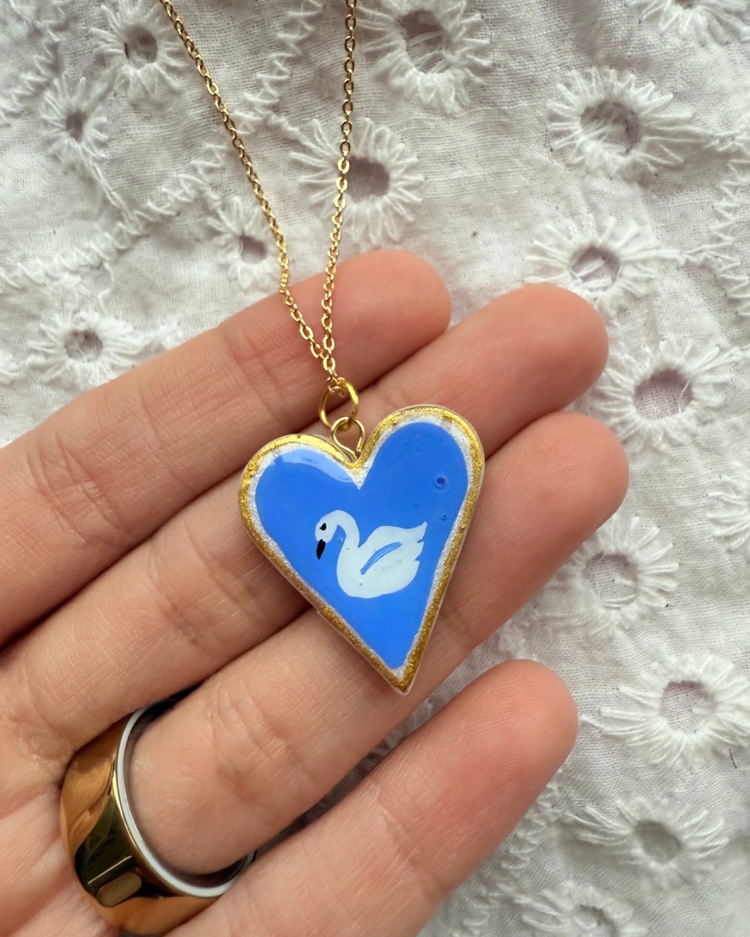 Hand Painted Blue and White Heart Swan Pendant