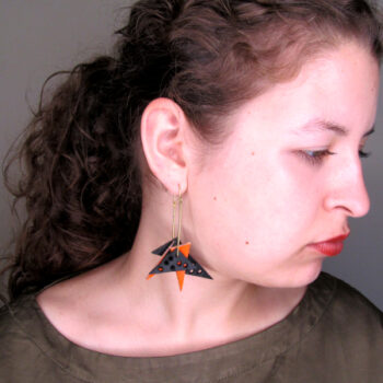 Geometric handmade upcycled Leather Earrings - Black and Orange