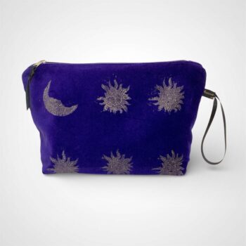 Luxury Purple Velvet Makeup Bag with golden Purple Sun and Moon print with Black Grosgrain wrist strap