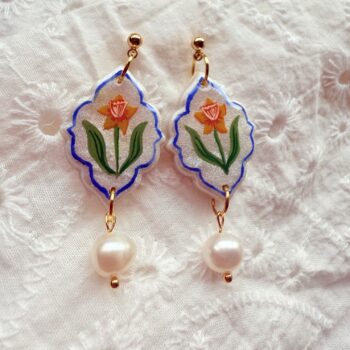 Hand Painted Daffodil Earrings with Freshwater Pearls