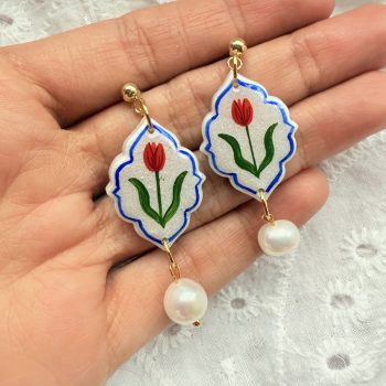 Hand Painted Red Tulip Drop Earrings with Freshwater Pearl