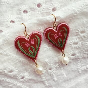 Hand Painted Pink Tulip Floral Heart Earrings with Freshwater Pearl