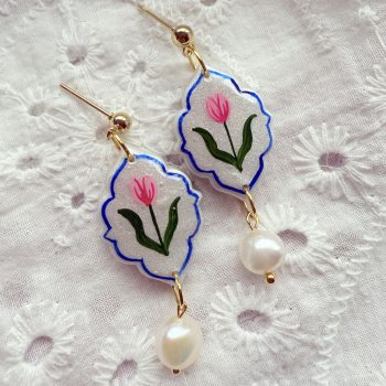 Hand Painted Pink Tulip Drop Earrings