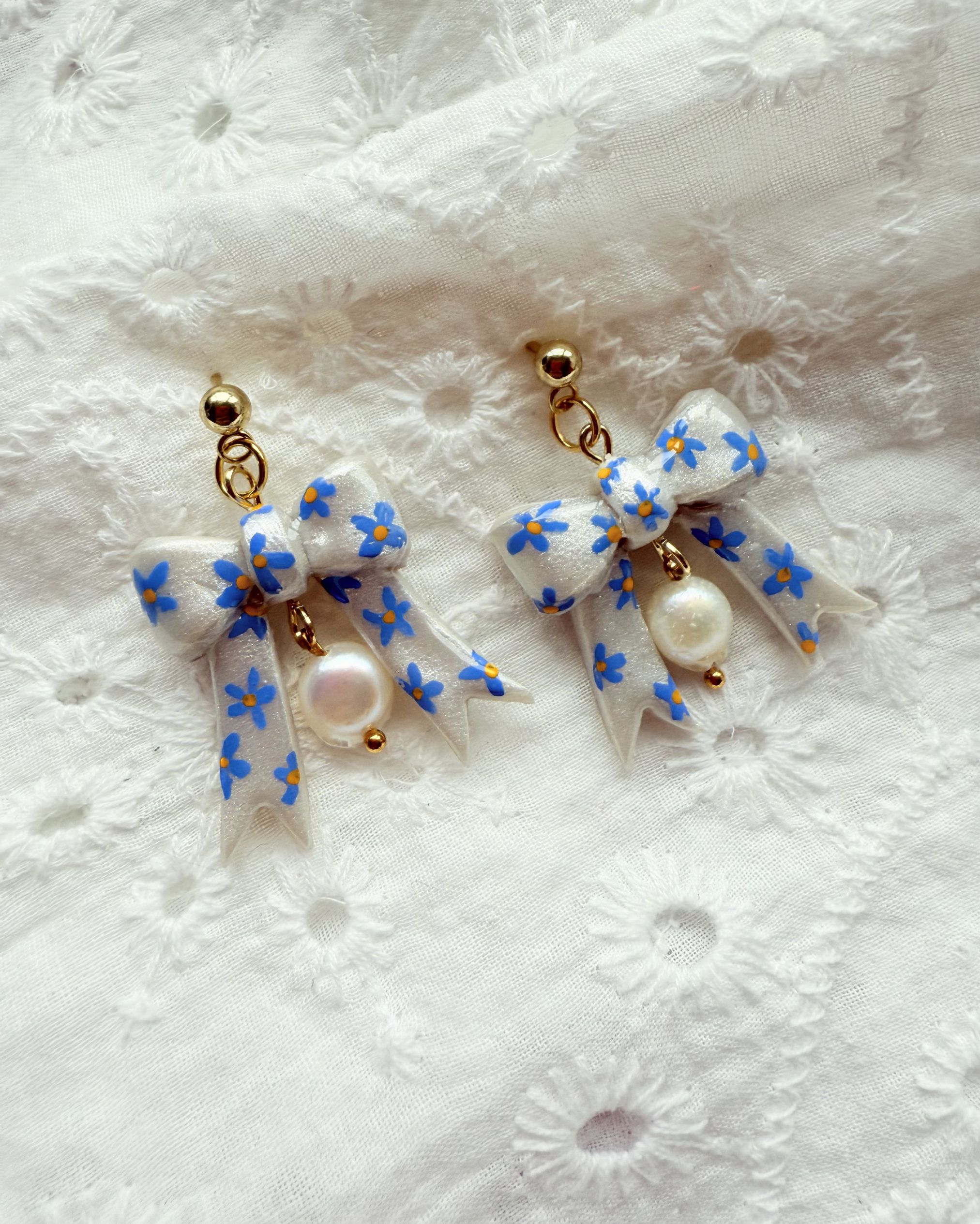 Hand Painted Blue Floral Bow Earrings with Freshwater Pearl