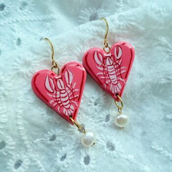 Pink Lobster Heart Earrings with Freshwater Pearl Drops