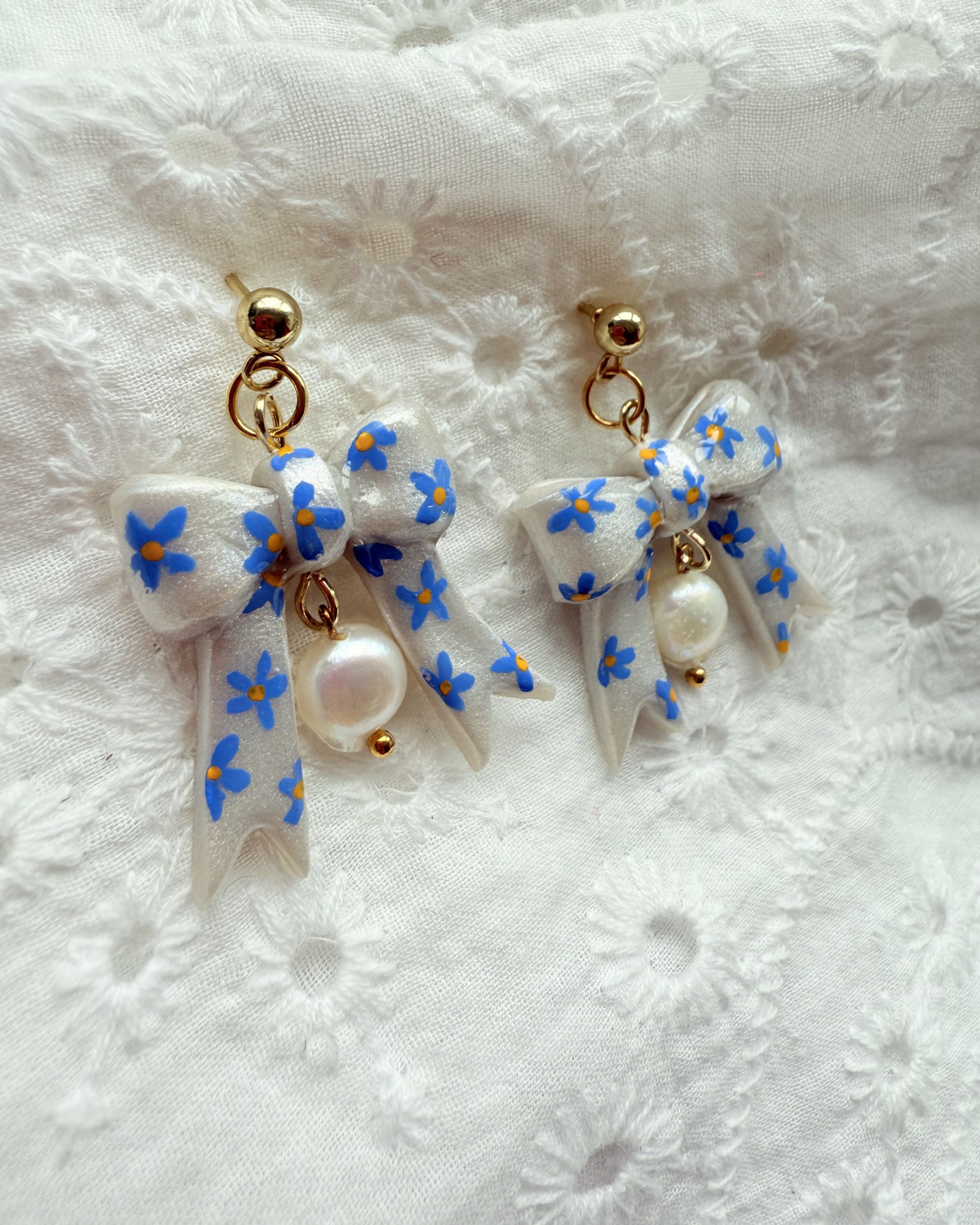 Hand Painted Blue Floral Bow Earrings with Freshwater Pearl