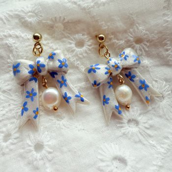 Hand Painted Blue Floral Bow Earrings with Freshwater Pearl