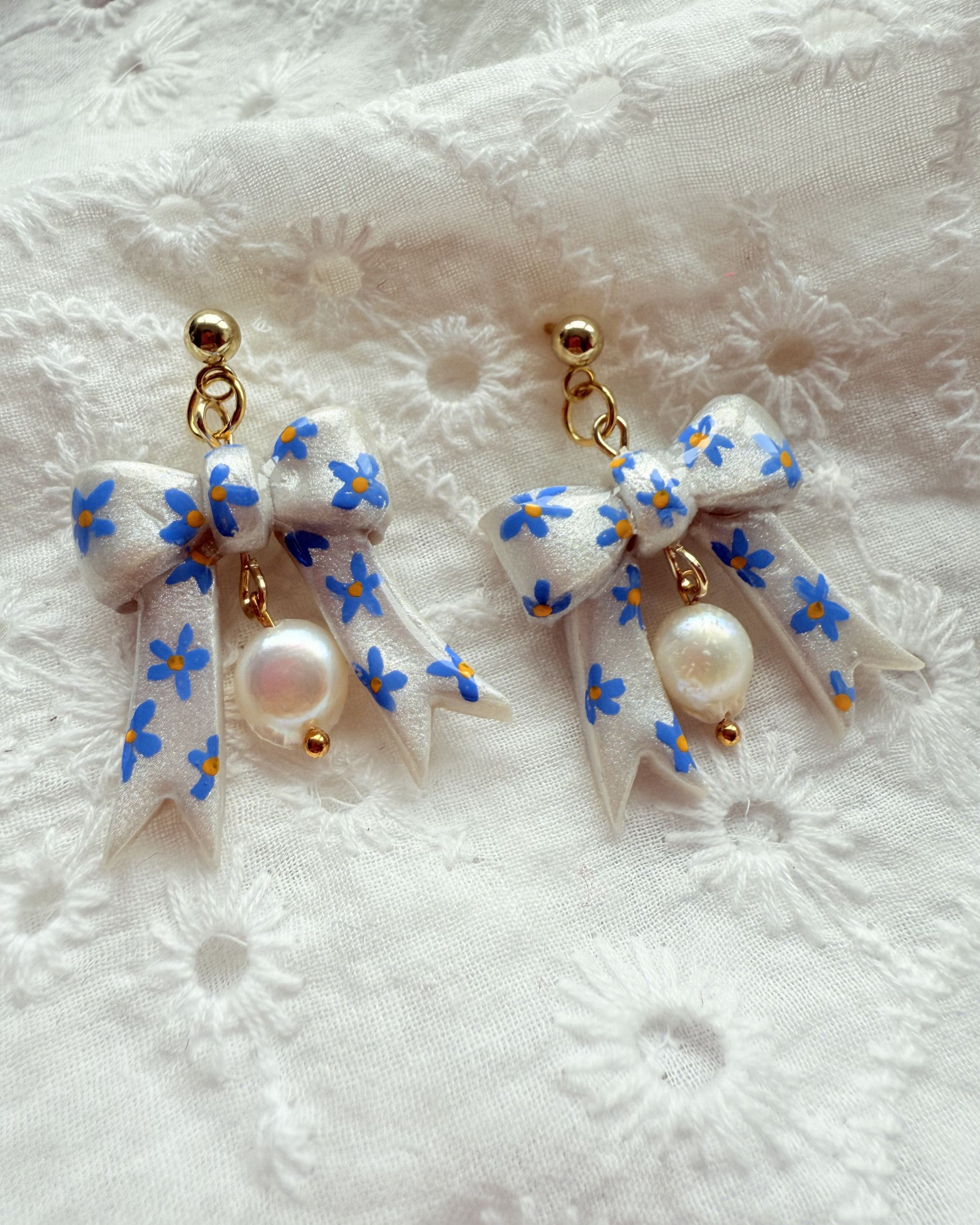 Hand Painted Blue Floral Bow Earrings with Freshwater Pearl