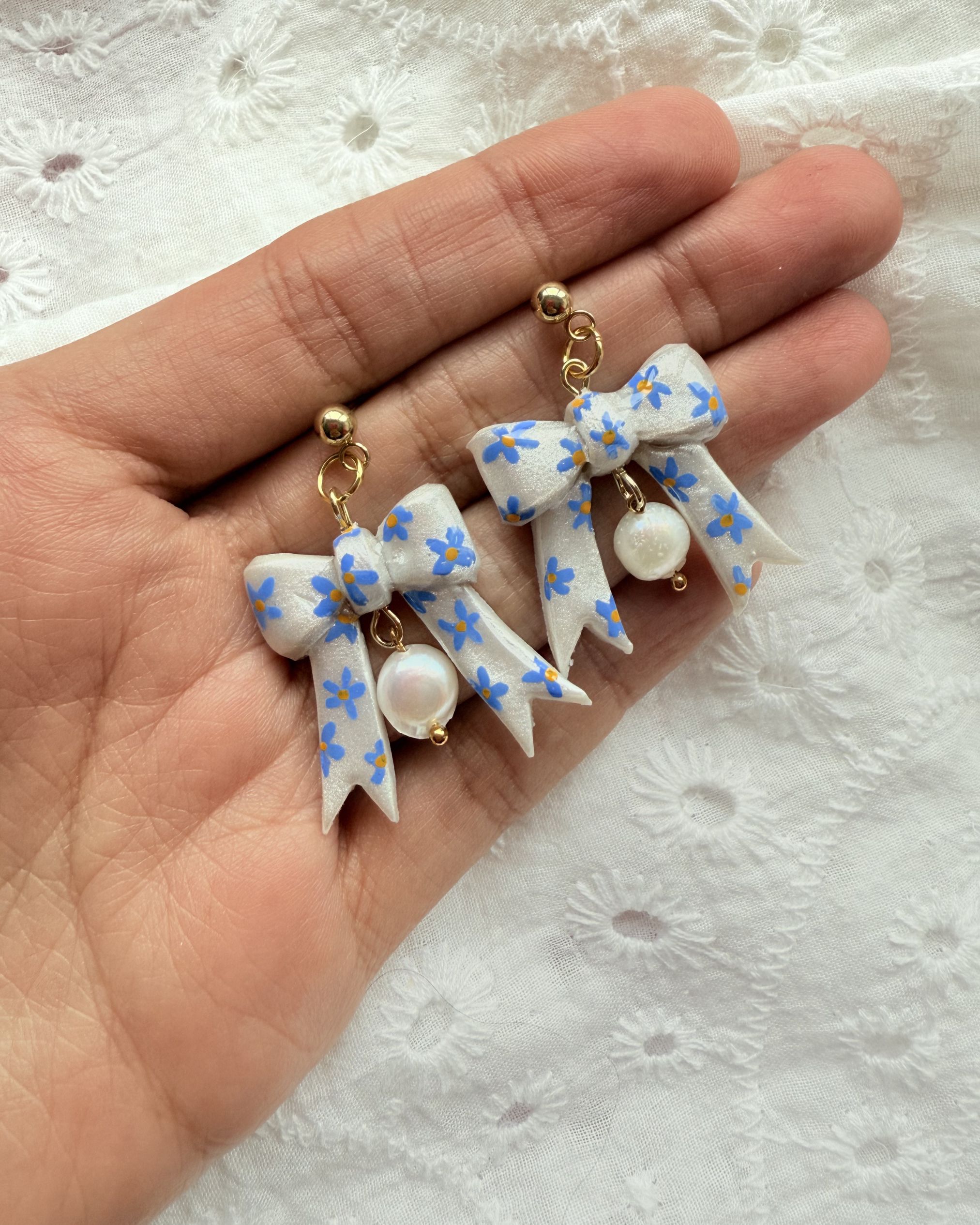 Hand Painted Blue Floral Bow Earrings with Freshwater Pearl