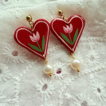 Red Heart Pink Tulip Floral Pearl Drop Earrings