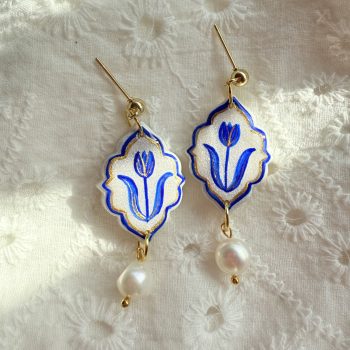 Blue Tulip Drop Earrings with Freshwater Pearl Drops