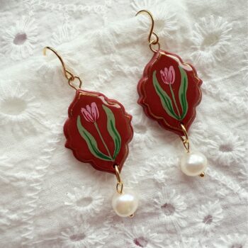 Hand Painted Pink Tulip Red Ornamental Dangle Earrings