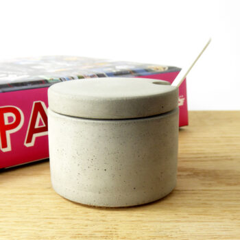 Concrete salt or sugar pot and ceramic spoon - natural grey