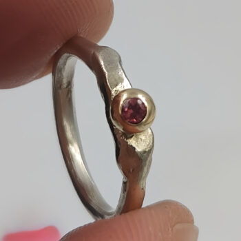Molten Silver Pinky Ring with Gold Granule and Garnet