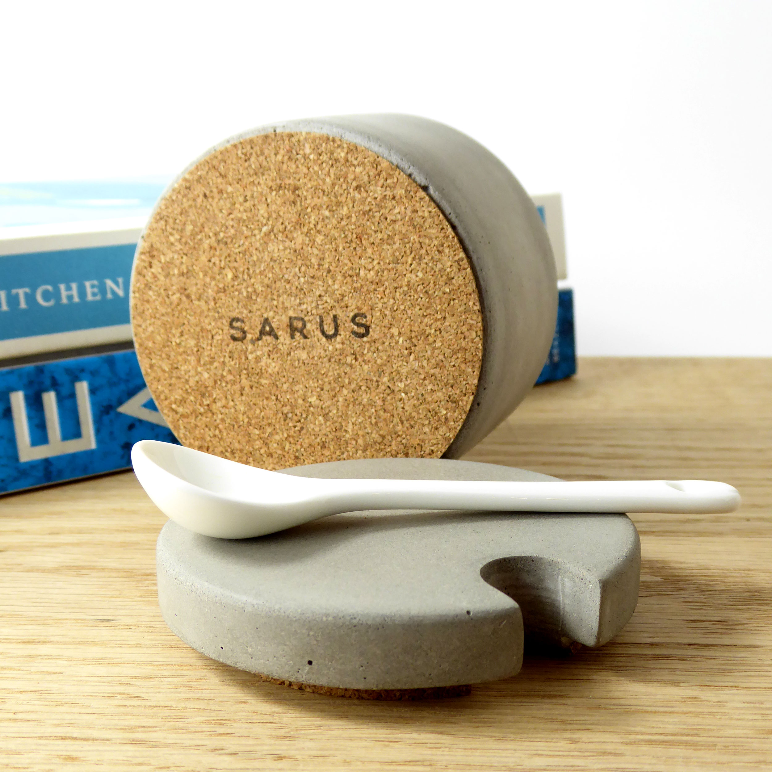 Concrete salt or sugar pot and ceramic spoon - natural grey