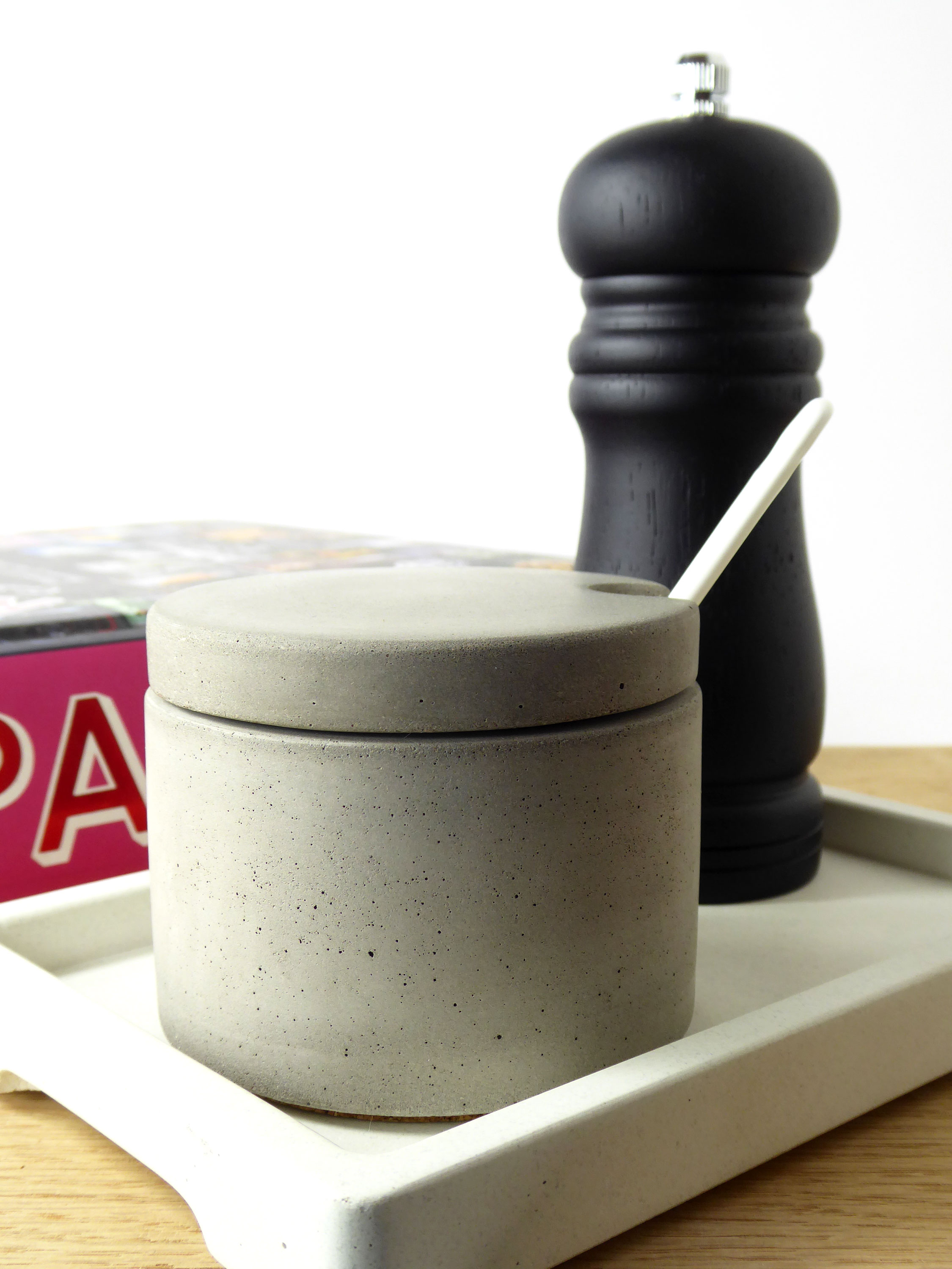 Concrete salt or sugar pot and ceramic spoon - natural grey