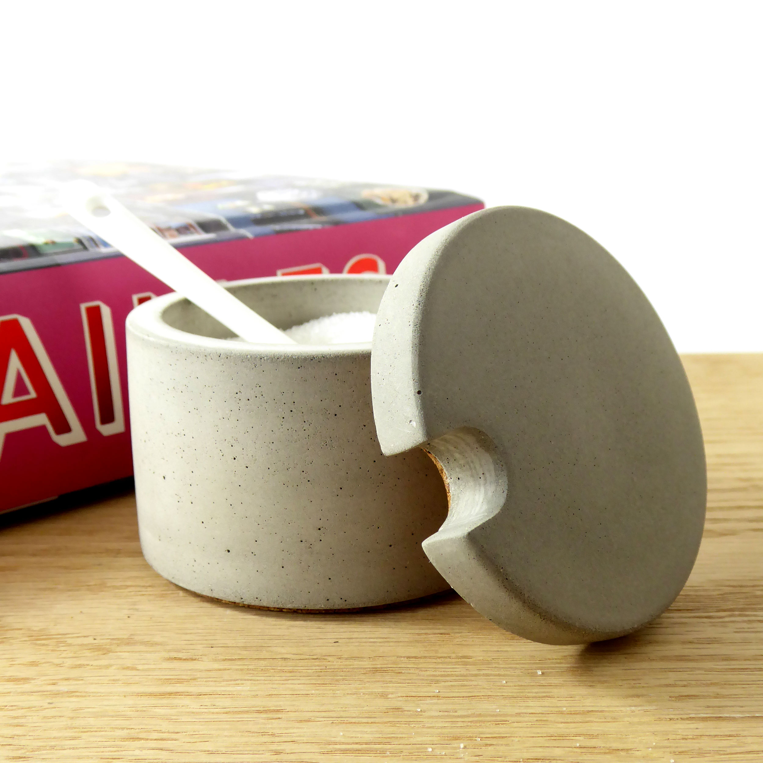 Concrete salt or sugar pot and ceramic spoon - natural grey