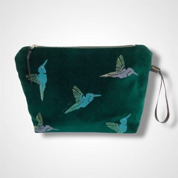 Green Velvet Hummingbirds Makeup Bag