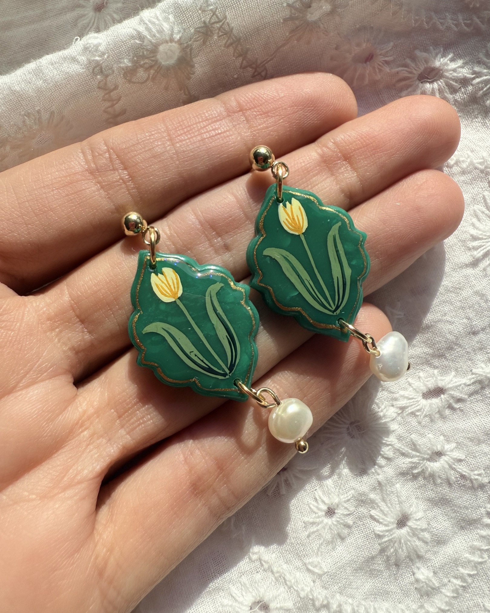 Hand Painted Emerald Green Tulip Pearl Drop Earrings