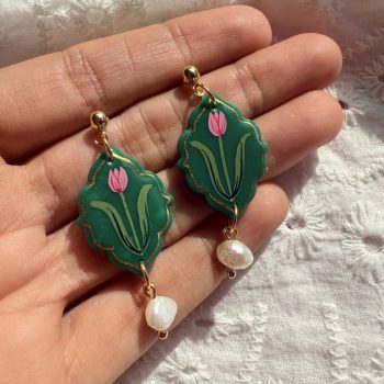 Hand Painted Emerald Green Tulip Pearl Drop Earrings