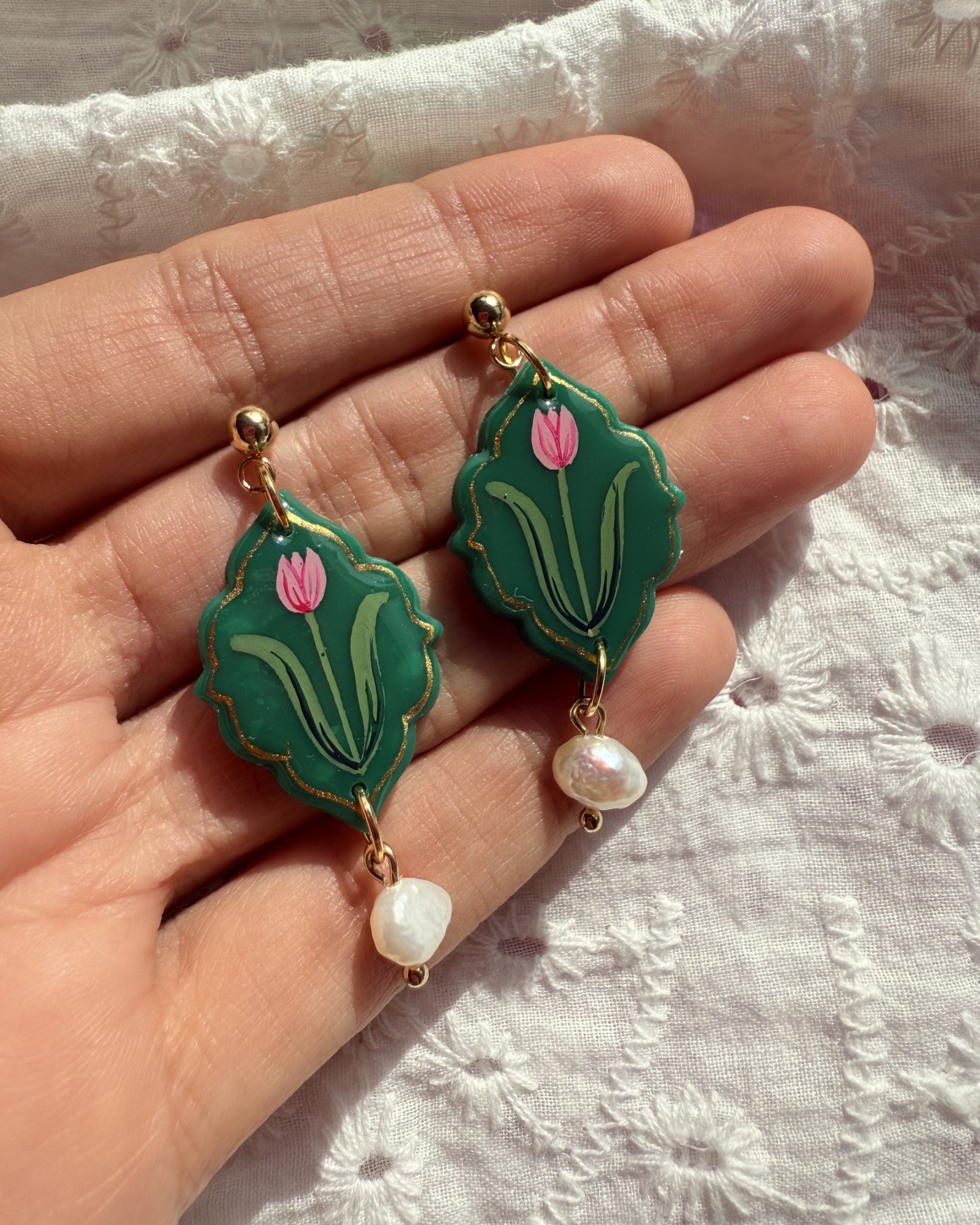 Hand Painted Emerald Green Tulip Pearl Drop Earrings