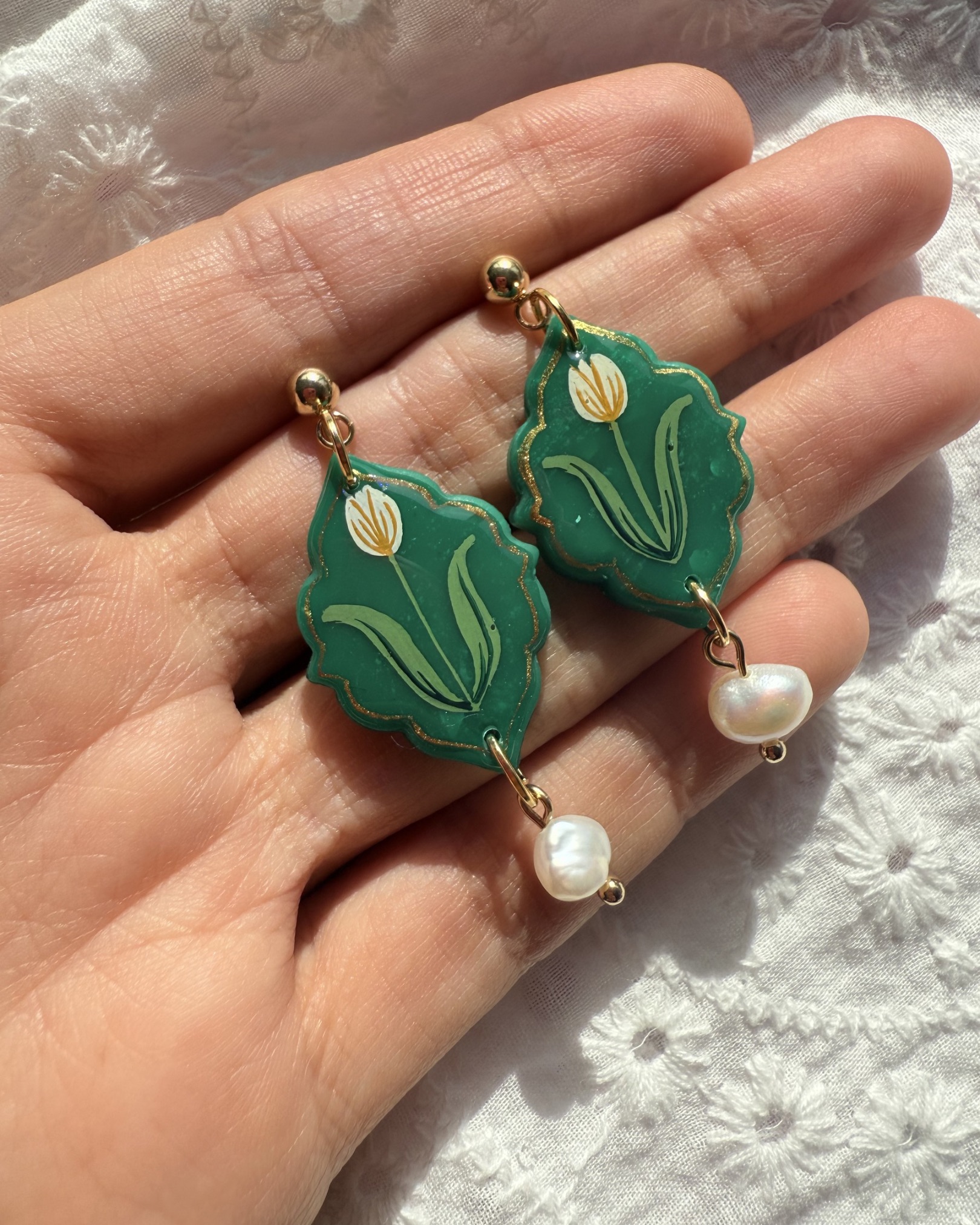 Hand Painted Emerald Green Tulip Pearl Drop Earrings