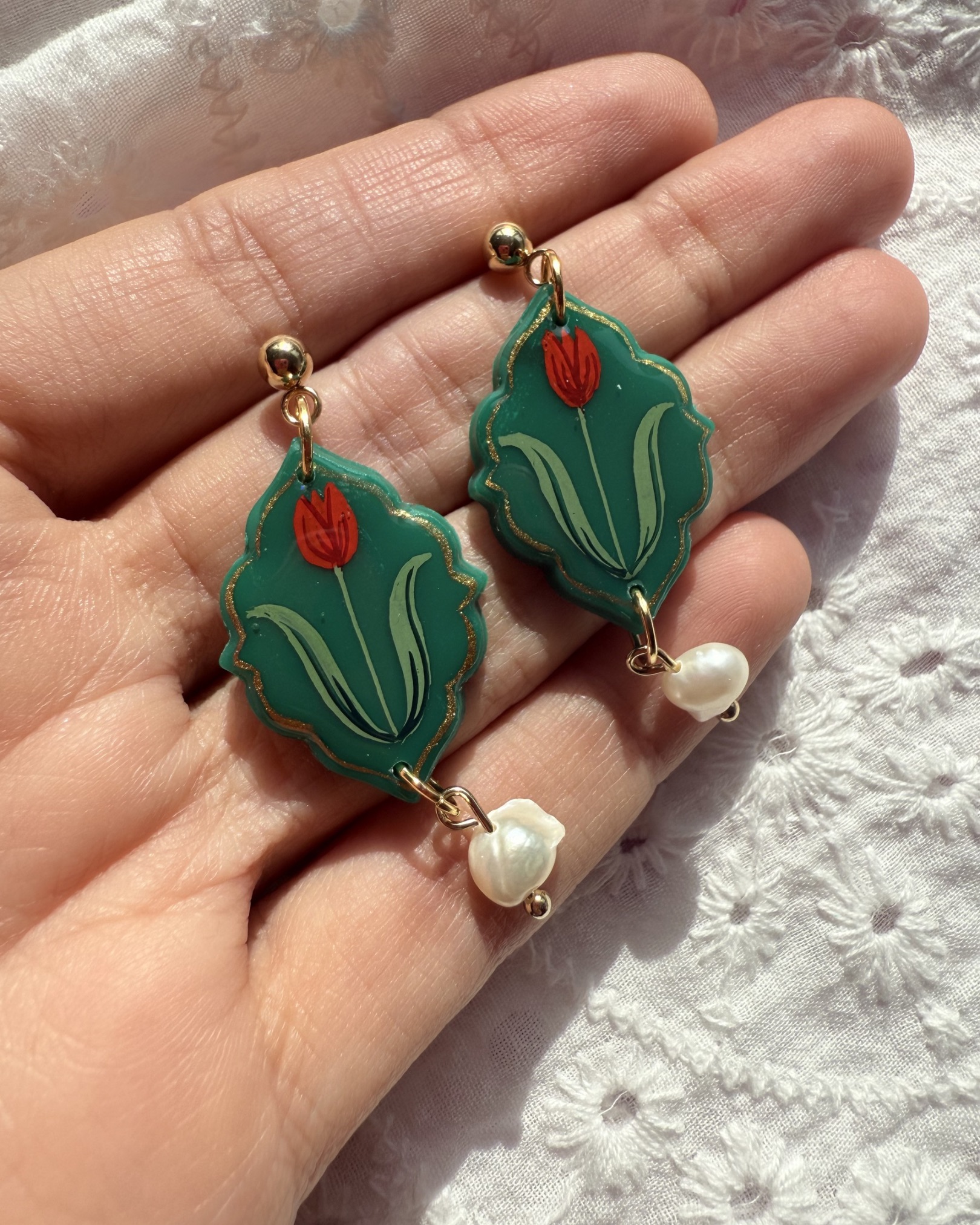 Hand Painted Emerald Green Tulip Pearl Drop Earrings