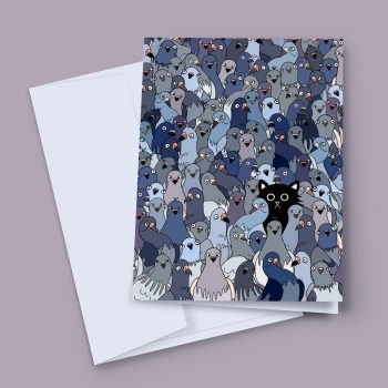 A humorous illustrated greeting card showing a black cat blending in among a crowd of pigeons, each bird wearing a different comical expression. The card has a bold, graphic style with a white background, and is shown alongside a white envelope and clear sleeve.