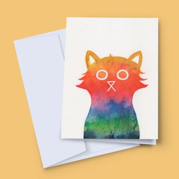 Rainbow cat greeting card featuring a hand illustrated cat bursting with vibrant gradient rainbow colours. A bright and joyful card by Baldy and the Fidget.