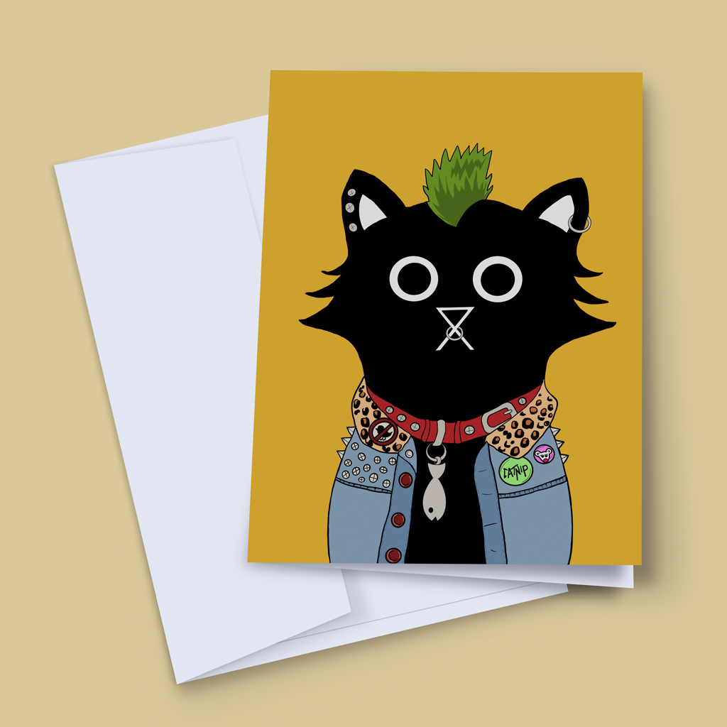 A black cat with a green mohawk wearing a studded denim jacket, nose and ear piercings and a fish charm collar, illustrated on a mustard yellow background. A punk rock greeting card by Baldy and the Fidget.