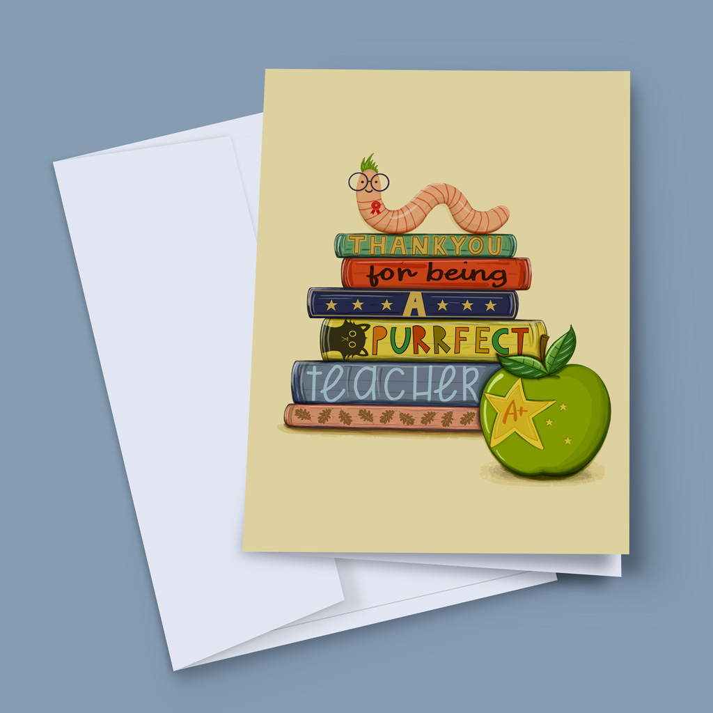 A fun and colourful greetings card featuring a stack of illustrated books that spell out Thank You for Being a Purrfect Teacher. A cute punk-style bookworm wearing a winner's rosette sits on top of the books, next to a green apple with an A+ star sticker. A cheeky black cat peeks out from the Purrfect book in this charming teacher thank you card by Baldy and The Fidget. Card size 7x5 inches.