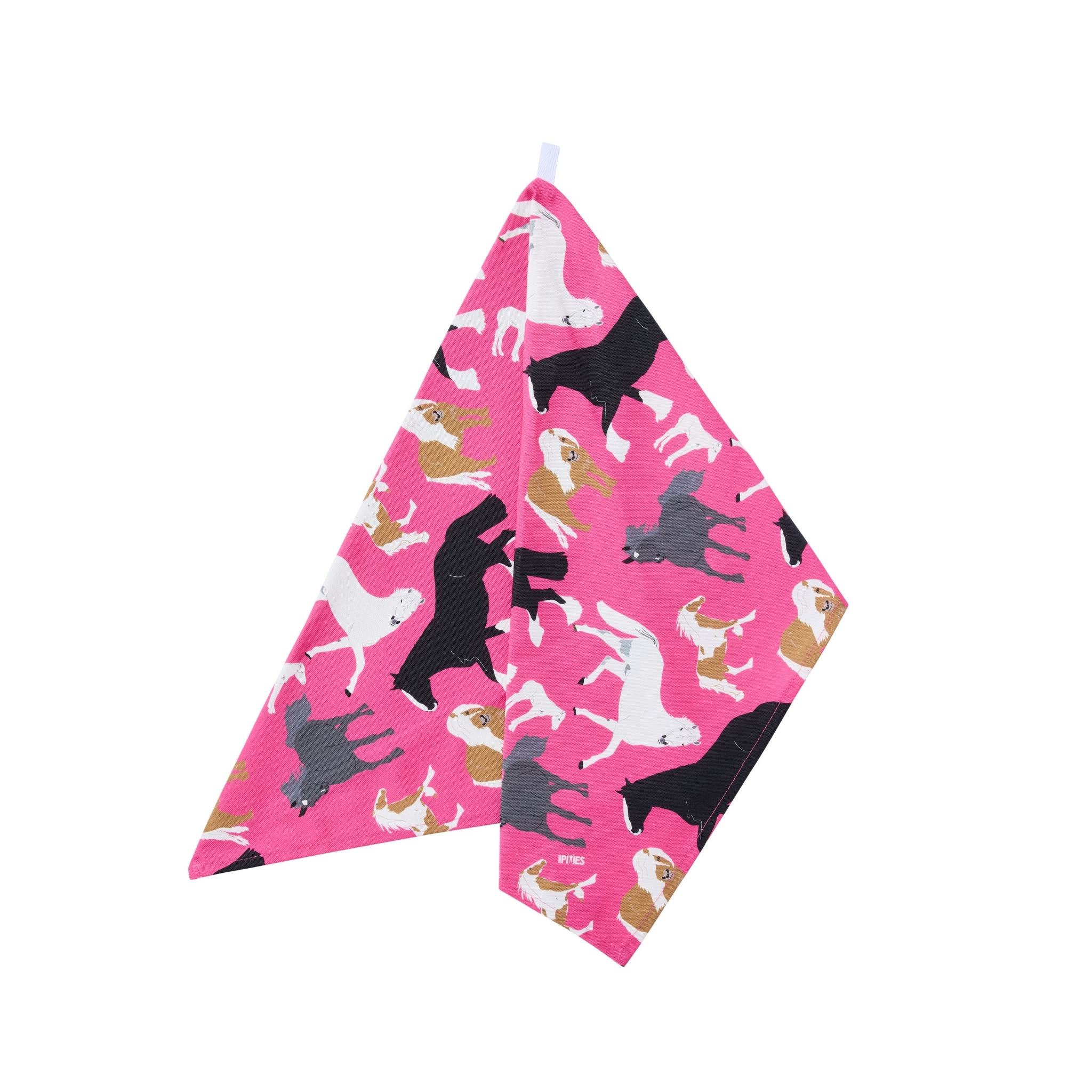 Pink organic cotton teat towel with horses illustrations