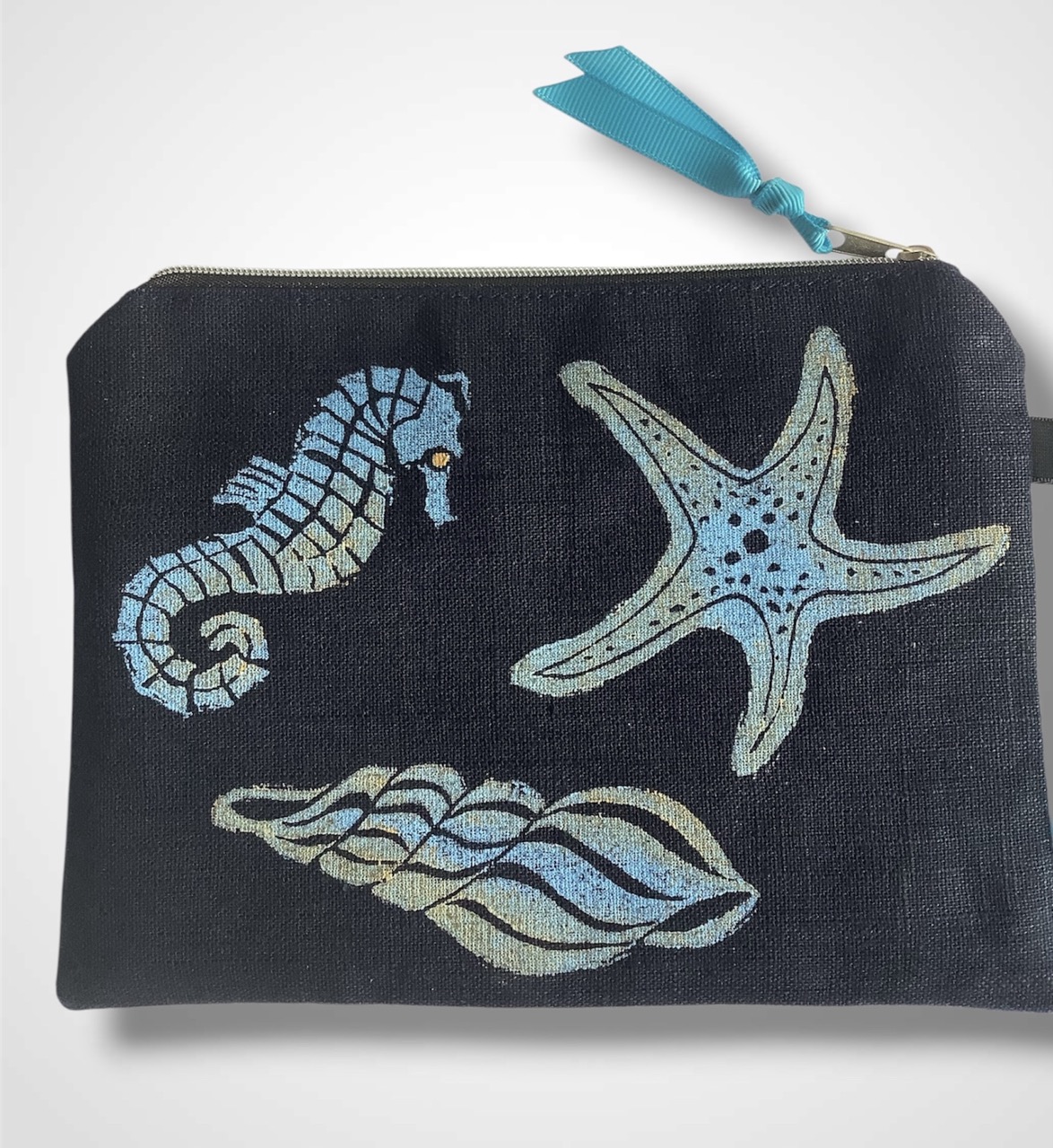 Navy Blue Linen Sea Shells Zip-Up Pouch