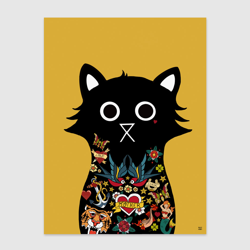 Jerry Tattoo Cat art print by Baldy and the Fidget — black cat with Americana tattoos on mustard yellow