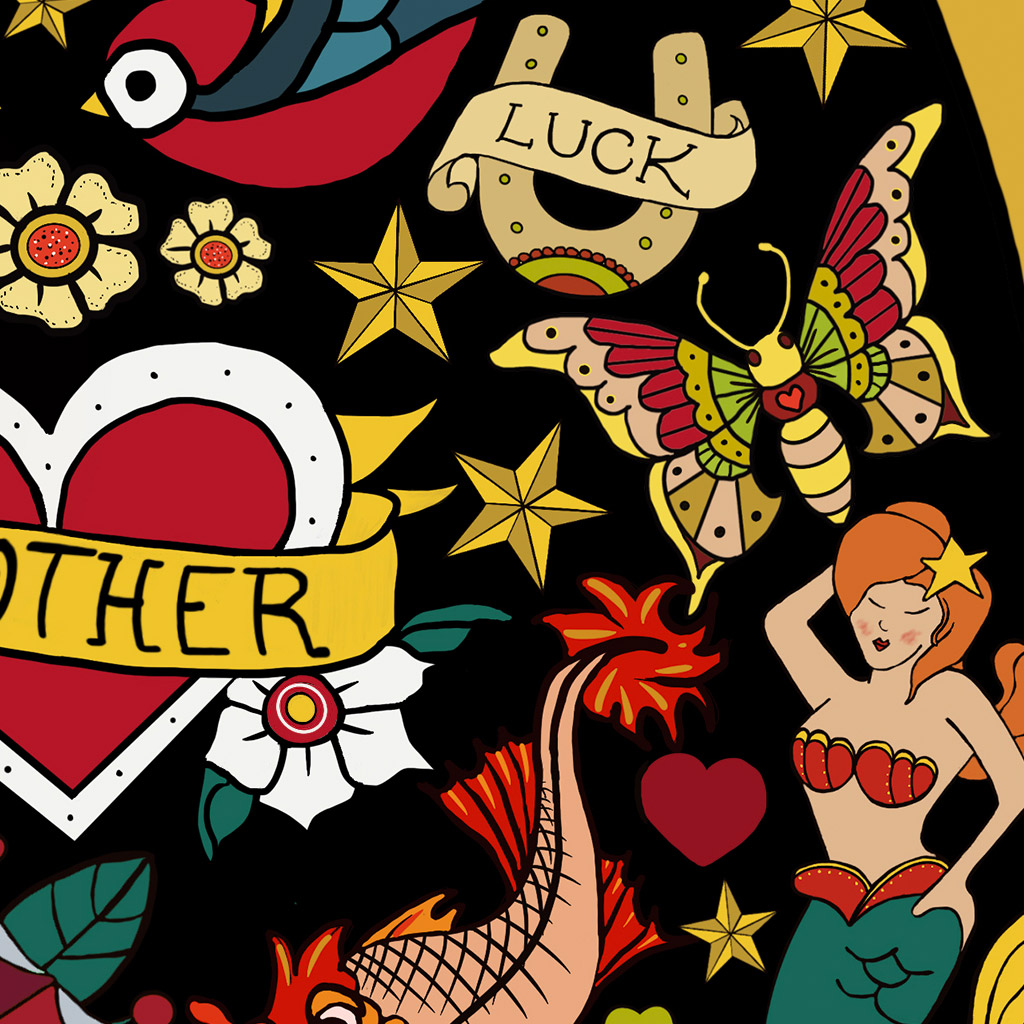 Illustration of a sleek black cat covered in traditional Americana tattoos including swallows, a tiger, mermaid, carp, anchor and hearts, on a mustard yellow background