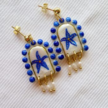 Blue Starfish Rice Pearl Statement Earrings