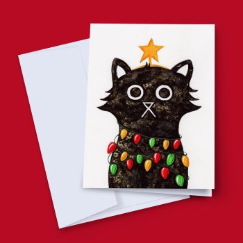 Illuminating Cat Christmas card featuring a hand-illustrated cat wrapped in twinkling fairy lights