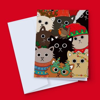 Feline Festive Christmas card featuring illustrated cats in Santa hats, fairy lights and festive jumpers
