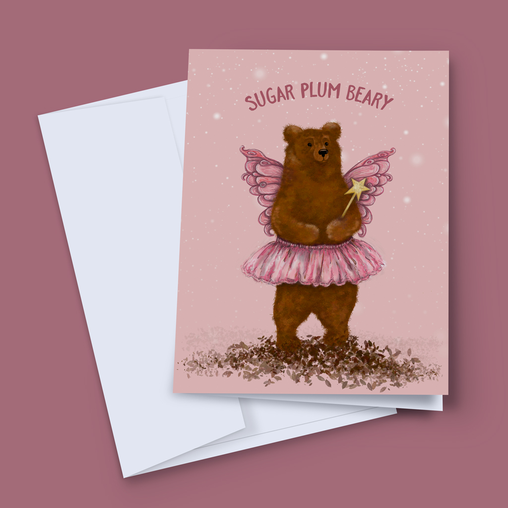 Sugar Plum Beary Christmas card featuring a hand-illustrated winged bear in a pink tutu holding a wand
