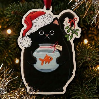 Black cat wooden Christmas decoration wearing a Santa hat with mistletoe, holding a goldfish bowl labelled for you, hanging from a red ribbon