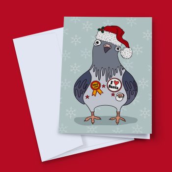 Funny pigeon Christmas card with a pigeon in a Santa hat wearing Nice List and I Love Santa badges on a blue snowflake background
