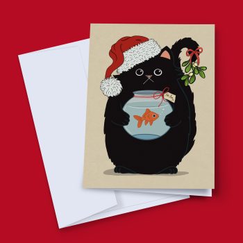 Black cat Christmas card with a cat in a Santa hat holding a goldfish bowl gift tagged For You with mistletoe on its tail
