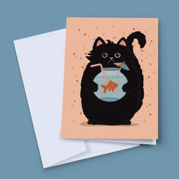 Funny cat birthday card with a fluffy black cat holding a goldfish bowl cocktail with straw and umbrella on a peach confetti background